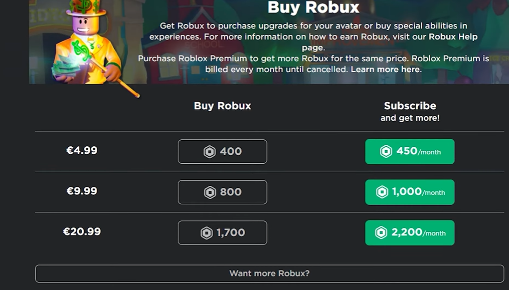 Roblox Robux value prices